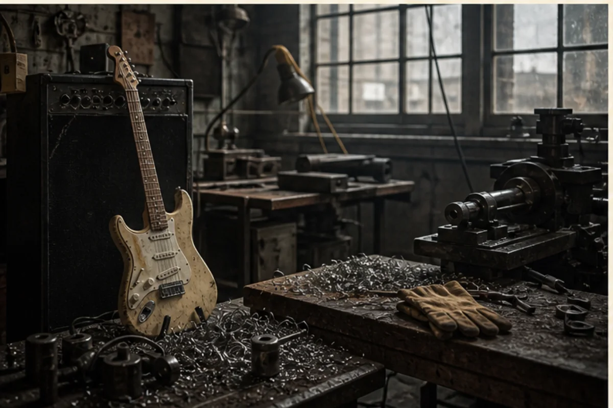 Elgitarr och förstärkare i en mörk industripräglad repetitionsmiljö.