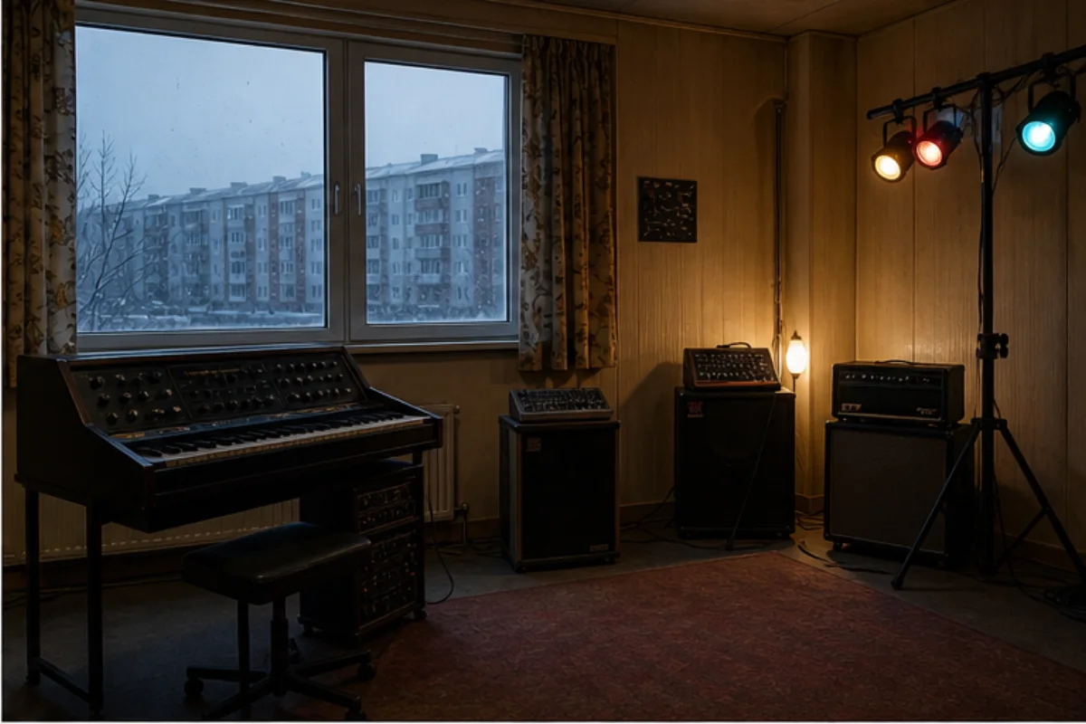 Analog synthesizer och konsertljus i en tom svensk 1980-talsinspirerad repetitionslokal.