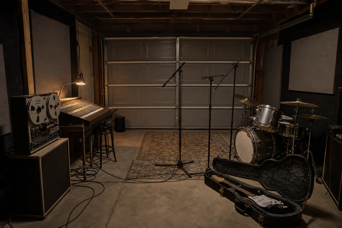 Bandspelare, mikrofoner och trumset i ett trångt garage som används som studio.