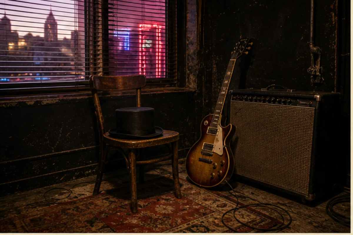 Sliten repetitionslokal i Los Angeles med bluesrockgitarr, förstärkare och svart cylinderhatt.