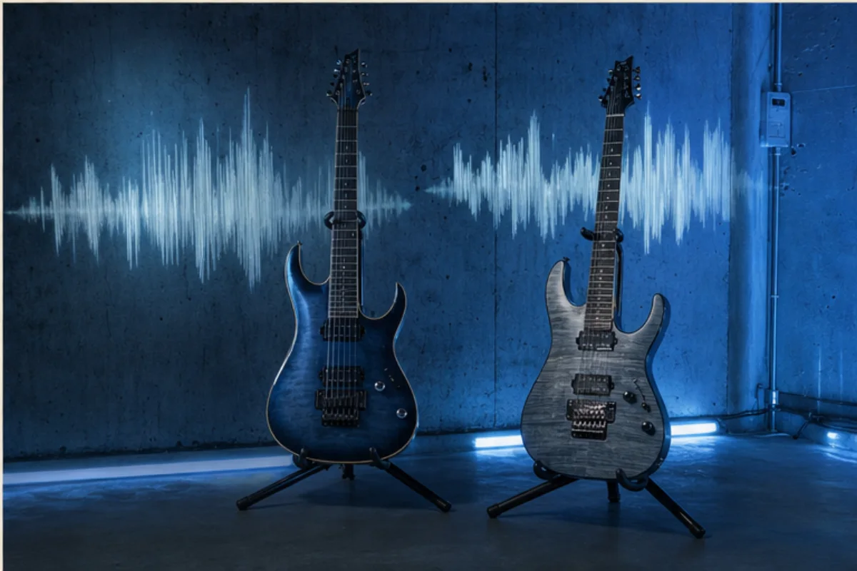 Två elgitarrer på stativ i en mörk Göteborgsstudio med abstrakta vågformer på väggen.