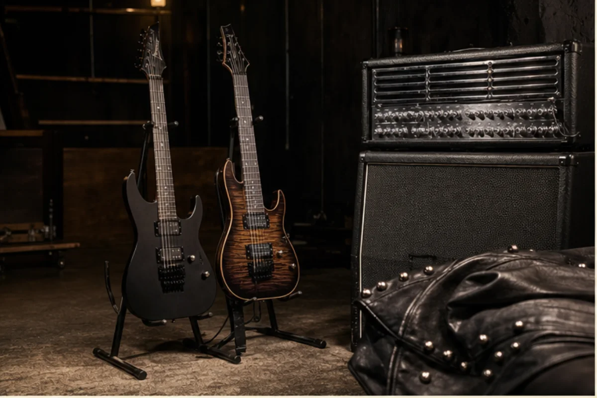 Två elgitarrer, kromade förstärkardetaljer och svart lädertextur i en mörk repetitionslokal.