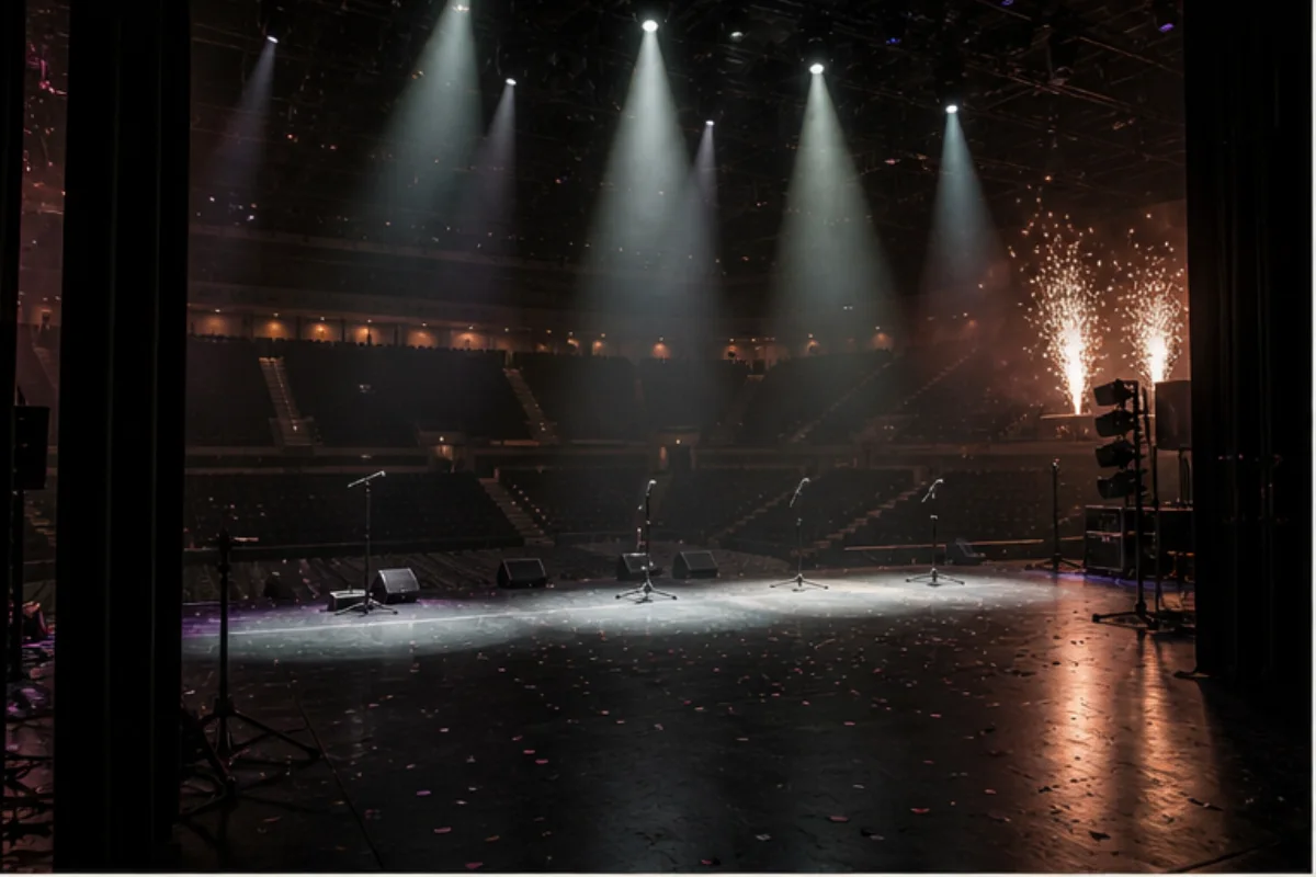 Tom teatralisk arenascen med fyra ljuskäglor, konfetti och neutrala instrumentpositioner.