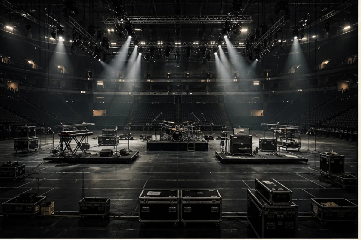 Tomt konsertgolv under riggning med fyra instrumentstationer, road cases och geometriskt scenljus.