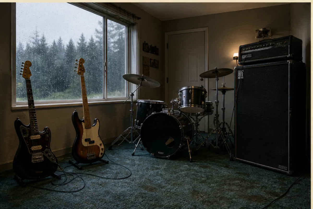 Enkel gitarr, bas och trumset i en regnig repetitionslokal i nordvästra USA.