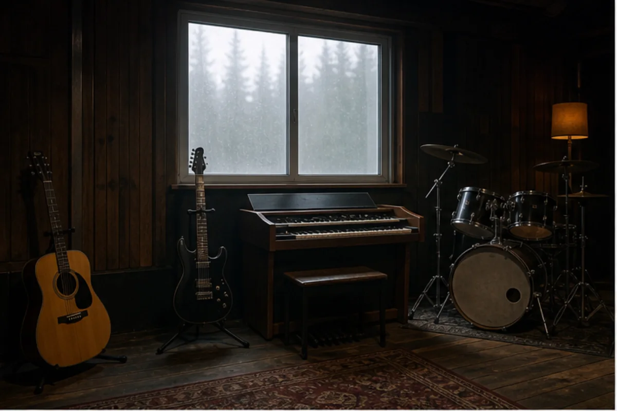 Akustisk gitarr, tung elgitarr, orgel och trumset i ett mörkt nordiskt inspelningsrum.