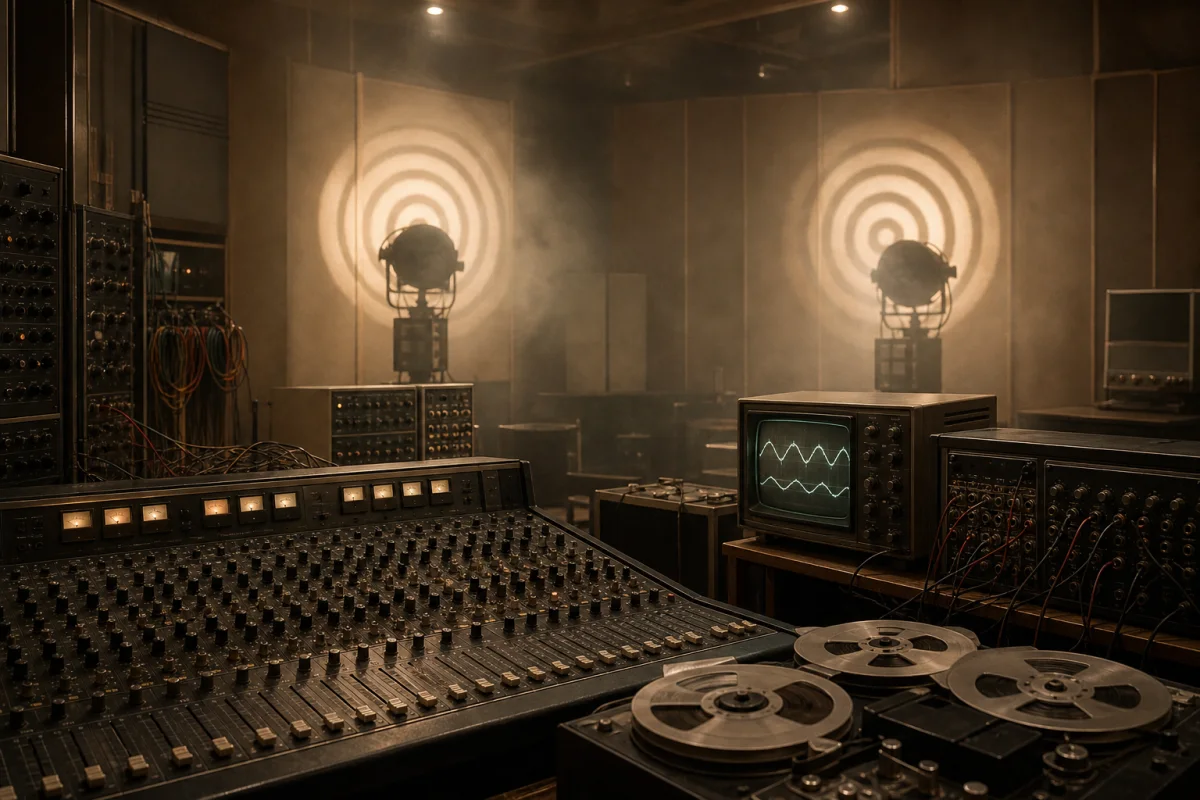 Analogt mixerbord, bandspelare och cirkulära ljusvågor i ett 1970-talsinspirerat ljudlaboratorium.