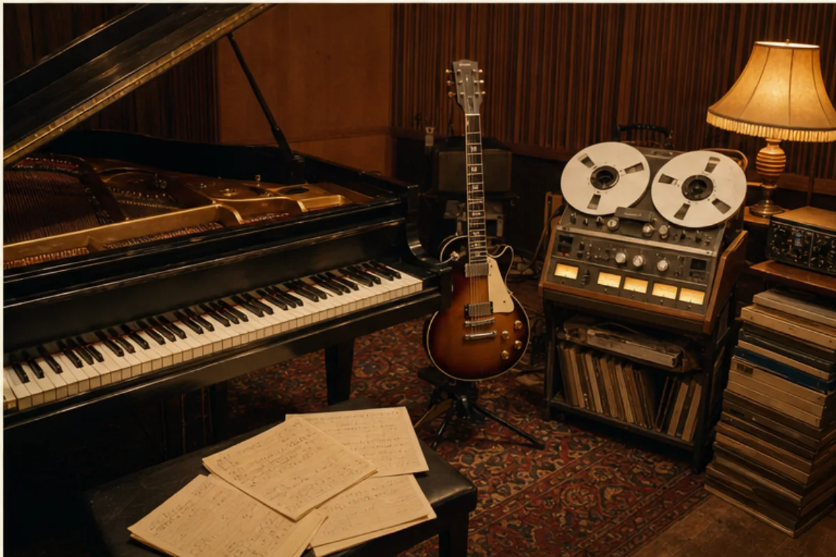 Flygel, elgitarr och rullbandspelare i en 1970-talsinspirerad inspelningsstudio.