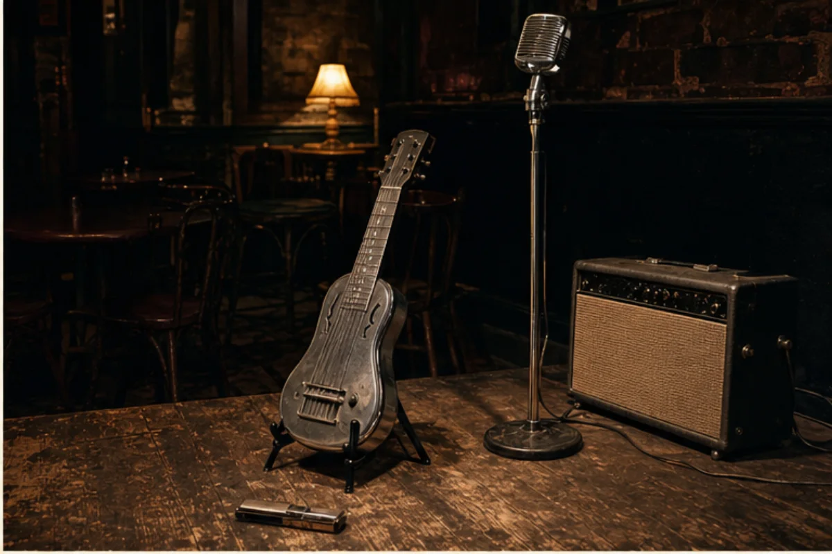 Slidegitarr, munspel och rörförstärkare på en liten Londonklubb i tidig 1960-talsstil.