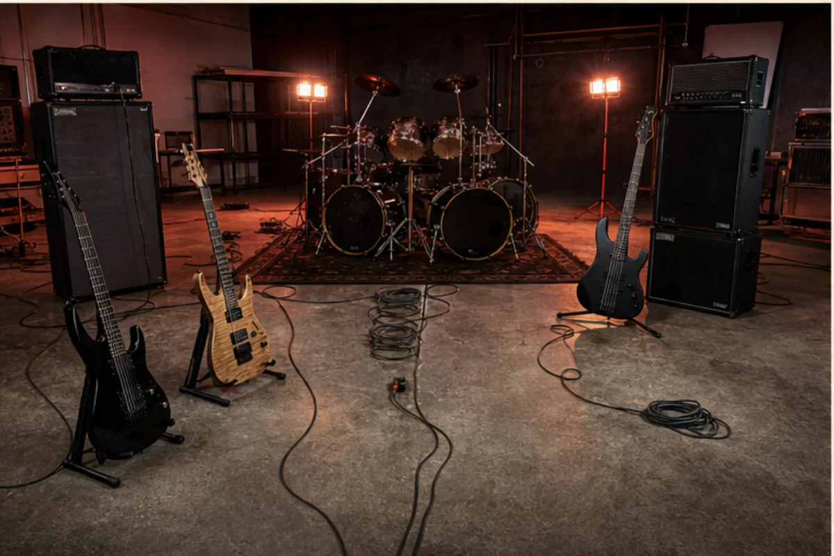 Två elgitarrer, bas och dubbel baskagge i en mörkt belyst thrash-repetitionslokal.