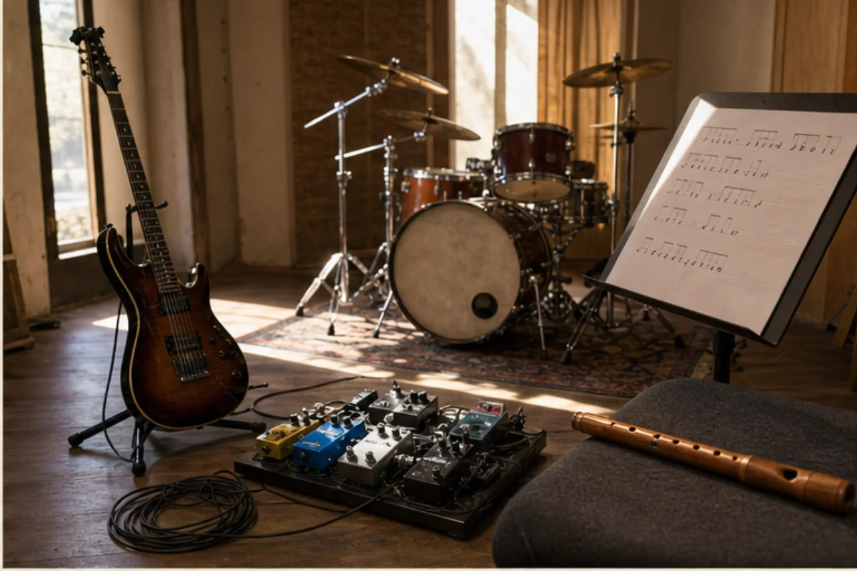 Elgitarr, trummor och traditionellt träblåsinstrument i en kalifornisk repetitionslokal.