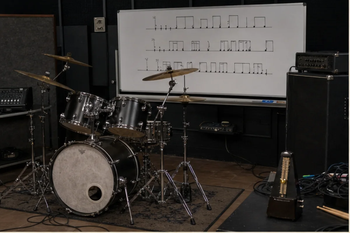 Trumset, basförstärkare och metronom framför abstrakta rytmblock i en repetitionsstudio.