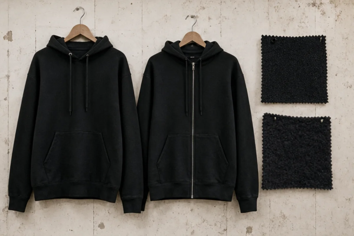 Två neutrala svarta hoodies med materialprover för ögleinsida och borstad insida.