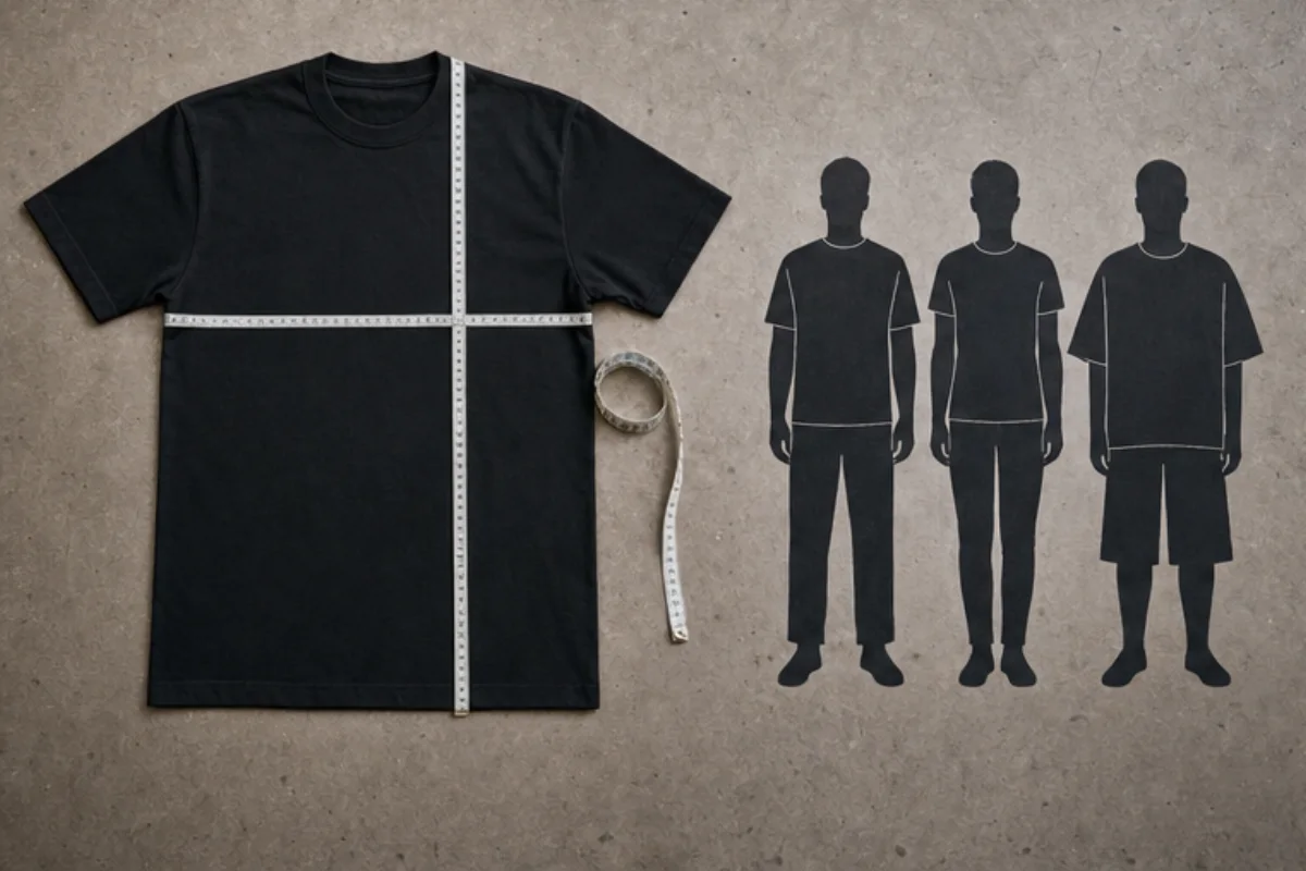 Neutral T-shirt utlagd för mätning av bröstbredd och längd.