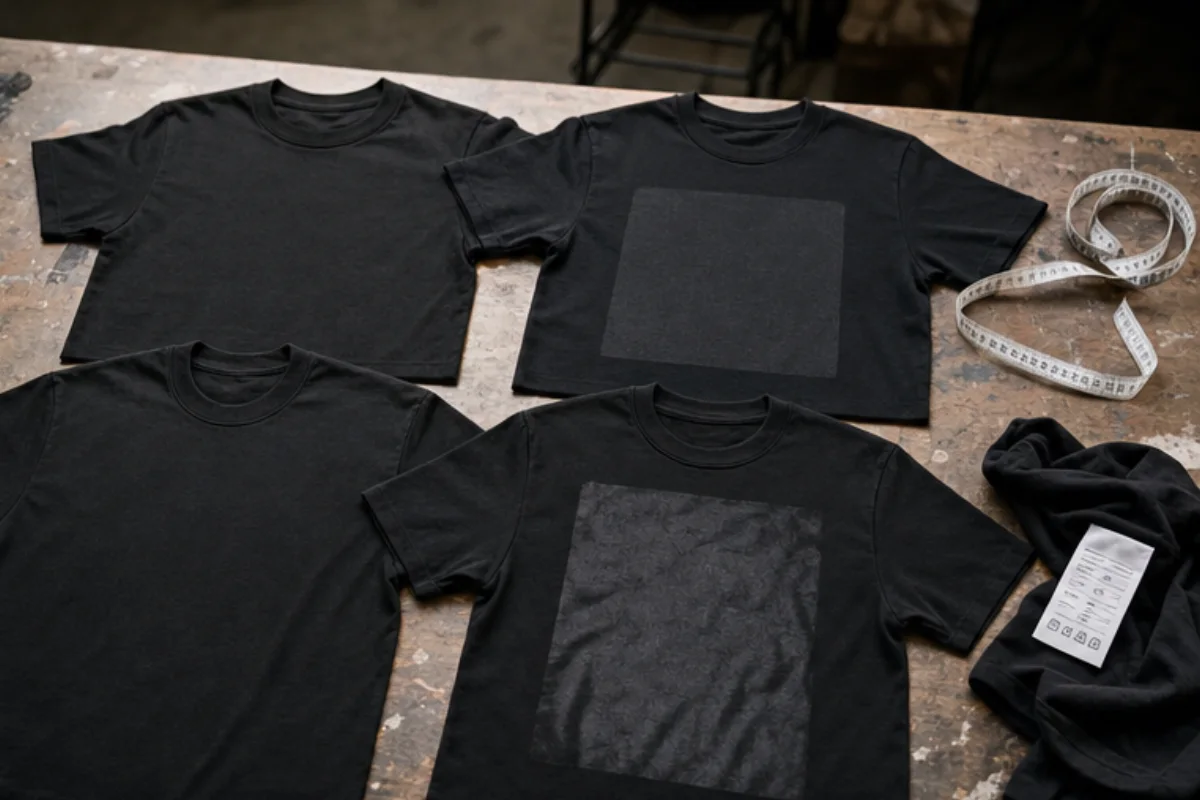 Fyra neutrala T-shirtprover med måttband och detaljer för material och tryck.