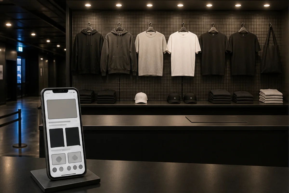 Anonym merchdisk i en konsertfoajé med neutrala plagg och mobilvy av webbutik.