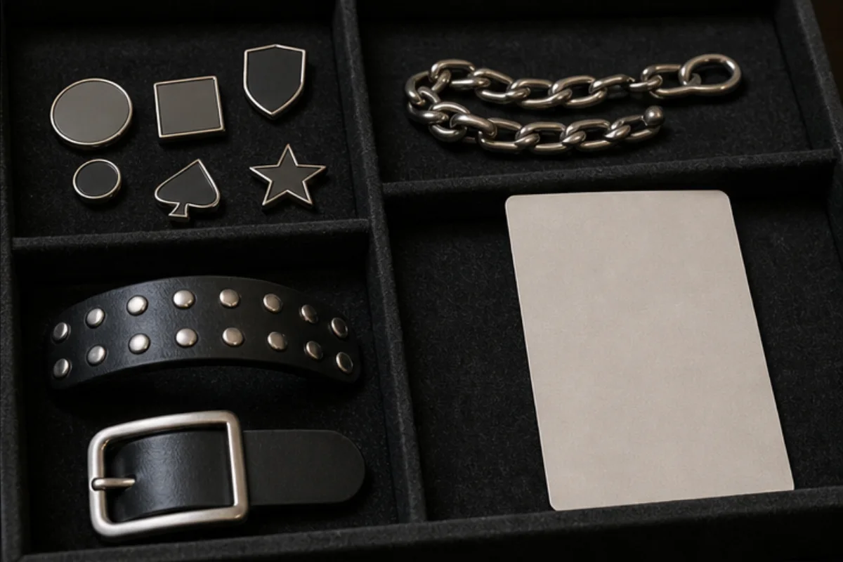 Neutrala emaljpins, kedja, nitarmband och spänne ordnade i förvaringsfack.