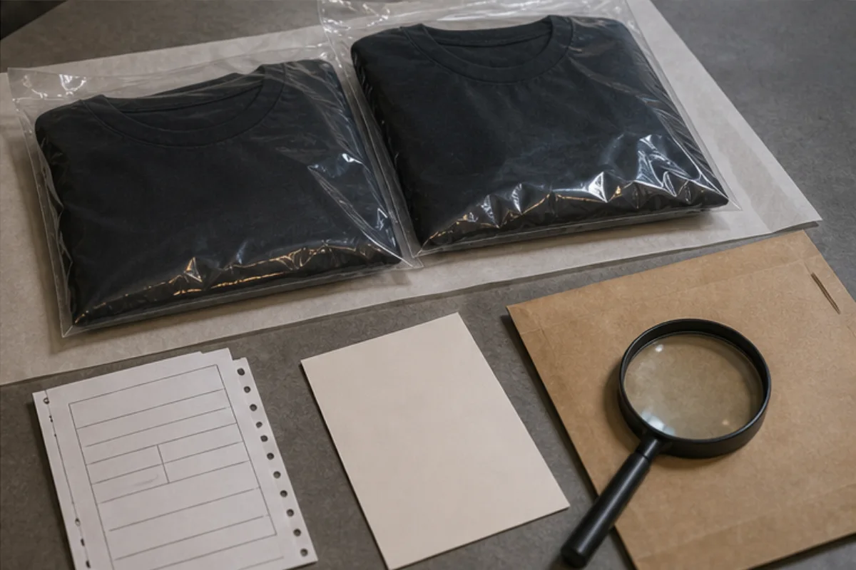 Två neutrala tröjpaket med kvitto, säljaruppgifter och lupp för provenienskontroll.