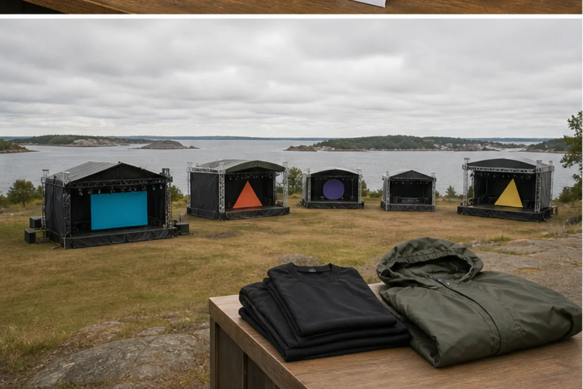 Anonymt kustnära festivalområde i Blekinge med separata scenzoner och regnjacka.