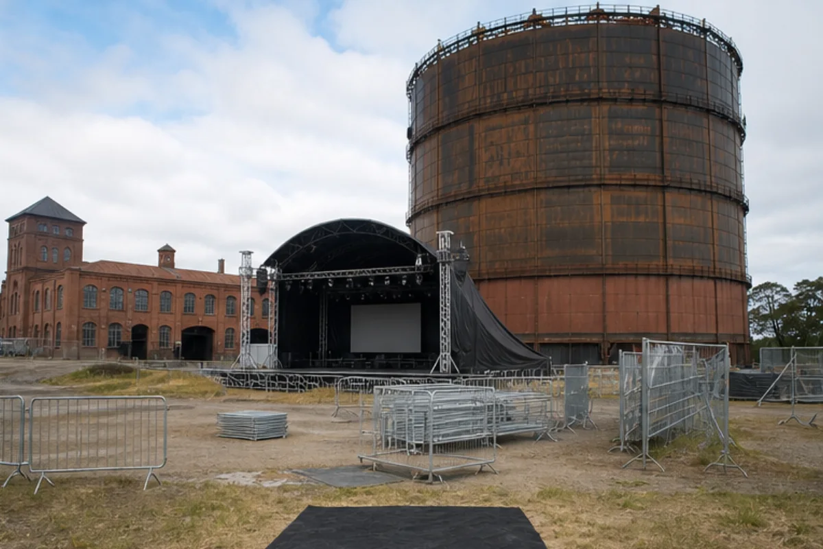 Gävleinspirerat industriområde efter festival med tom scen och neutral tygpatch.