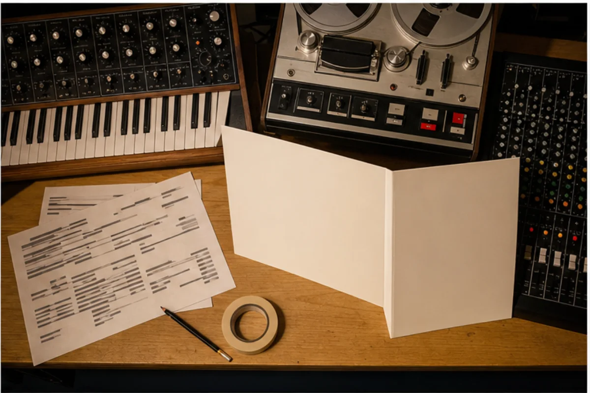 Analog synthesizer, bandspelare och abstrakta taktmönster i en studio.