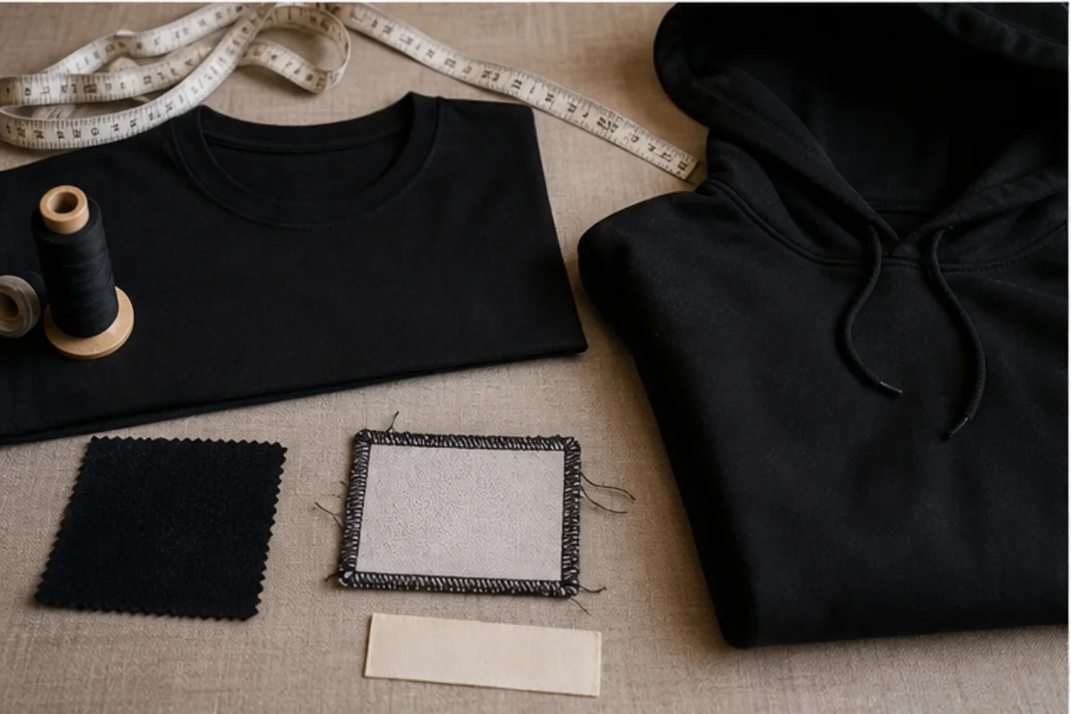 Neutral t-shirt, hoodie, måttband och patchmaterial på ett arbetsbord.