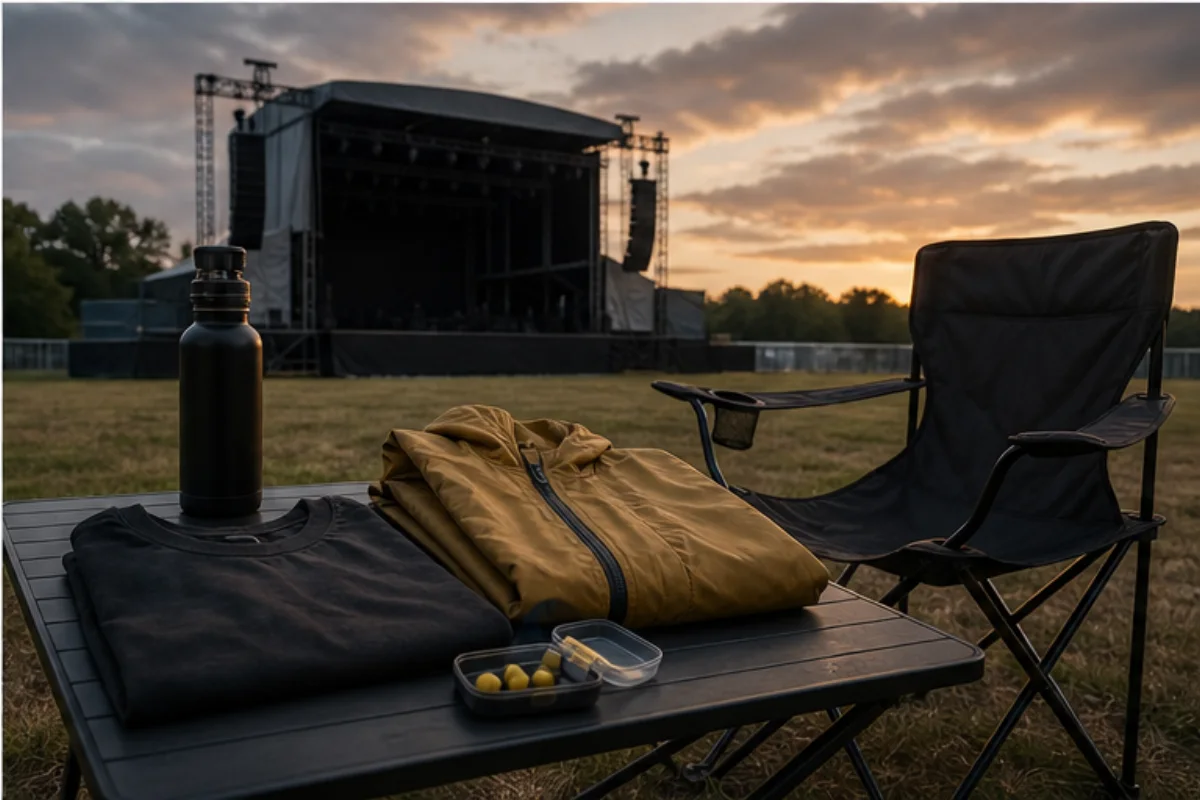 Regnjacka, öronproppar och neutral tröja vid en svensk rockfestival.
