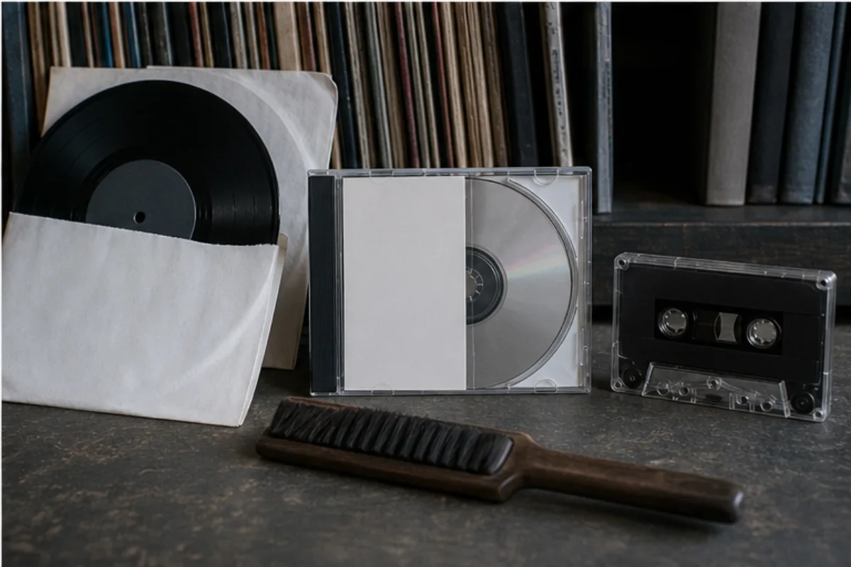 En vinylskiva, cd och kassett ordnade på ett arkivbord.