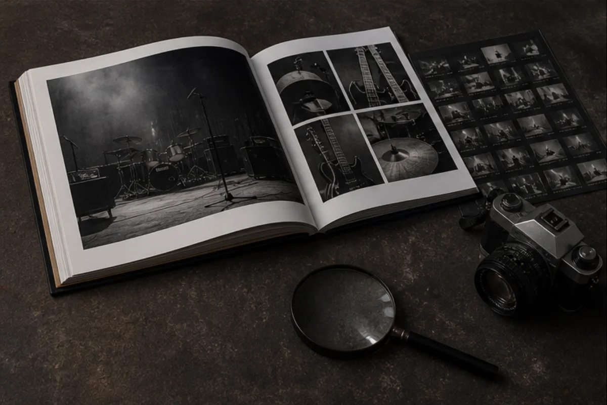 Öppen fotobok med fiktiva scenbilder, kontaktkarta, anonym kamera och lupp.