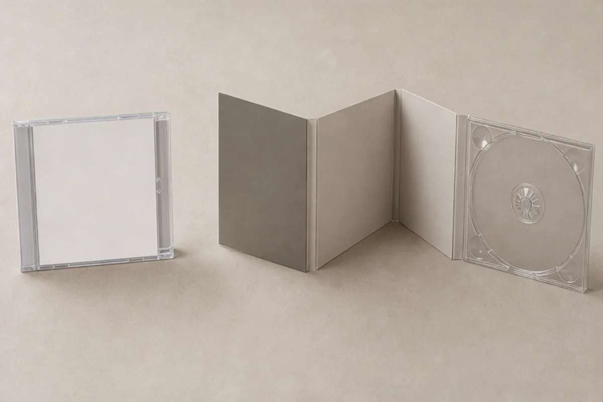 Transparent jewelcase och fyrpanels kartongförpackning öppnade sida vid sida.