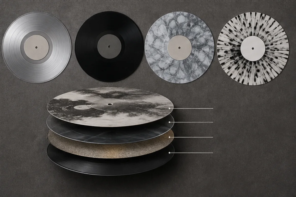 Fyra abstrakta vinylprover och ett textlöst lagerdiagram för picture disc.
