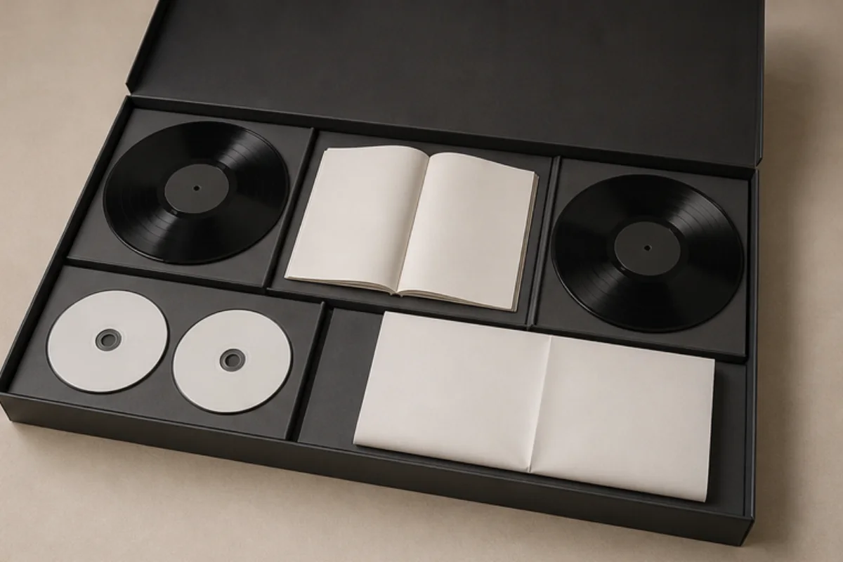 Fiktiv öppen rockbox med LP, CD, häfte och tomt posterark utan grafik.